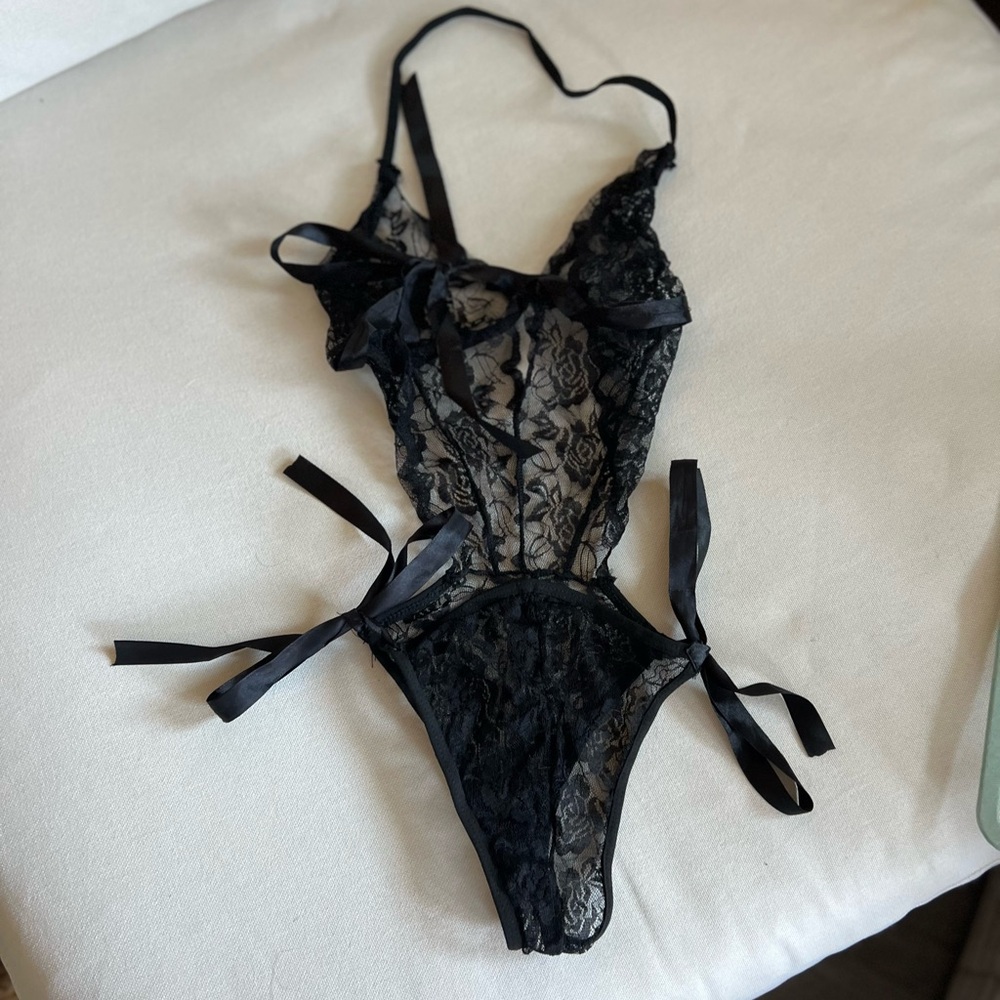 Sheer Black Lace Tie-Side Chemise Bodysuit